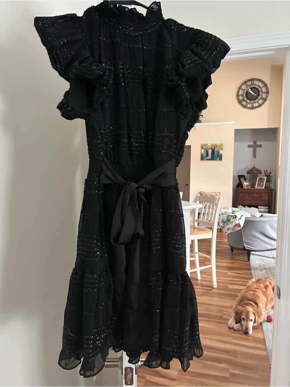Endless Rose Black Ruffle Midi Dress with Waist Tie